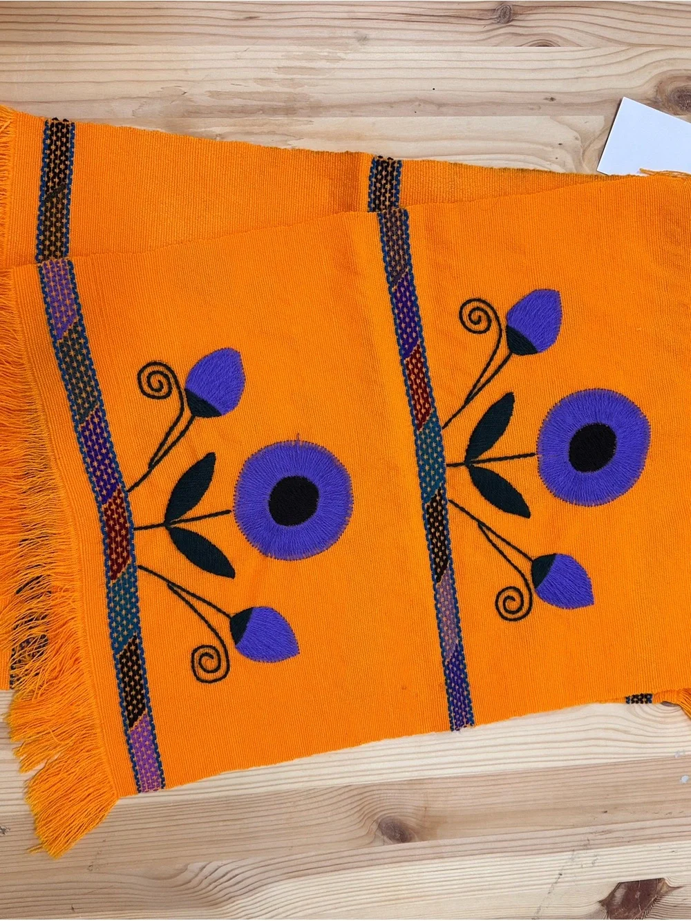 Handwoven Orange Table Runner with Purple Floral Embroidery vintage placemats